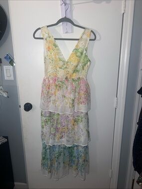 Tiered Floral V-Neck Maxi Dress - Pastel Multi
